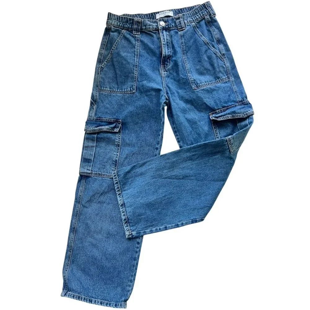 Wax Jean Wide Leg Cargo Blue Denim Utility Y2K Carpenter Streetwear Jeans L
